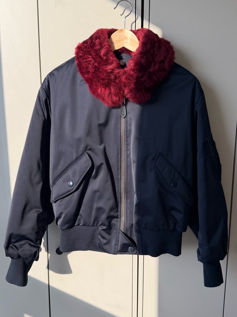 Coach Black Bomber Jacket with Burgundy Faux Fur Removable Collar